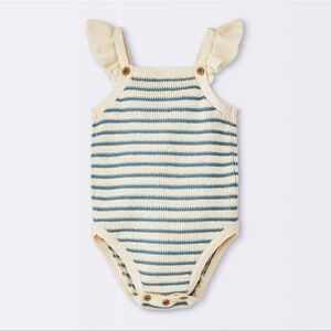 NWOT Baby Girls' Pointelle Striped Sweater Romper Cloud Island Cream Blue 6-9M